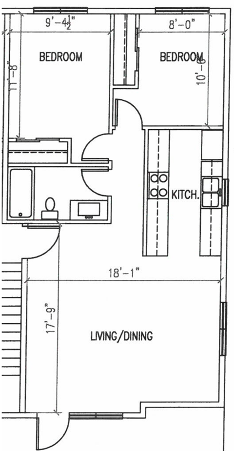 A floor plan of a small apartment with two bedrooms, a living/dining area, and a kitchen.